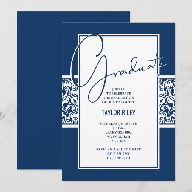 Invitation Fête de remise des diplômes en damassé bleu marine (Devant / Derrière)