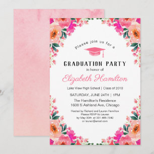 Invitation Fête de remise des diplômes florale aquarelle rose