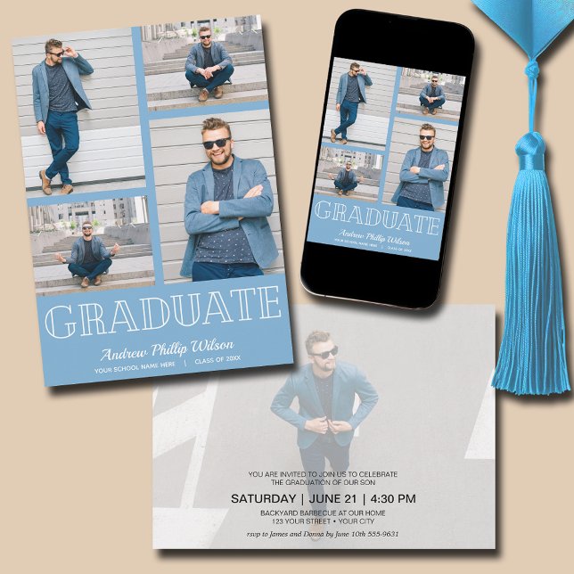 Invitation Fête de remise des diplômes moderne 5 photos en bl (Powder blue modern 4 photo graduation party invitations - PRINTED and/or INSTANT DOWNLOAD)