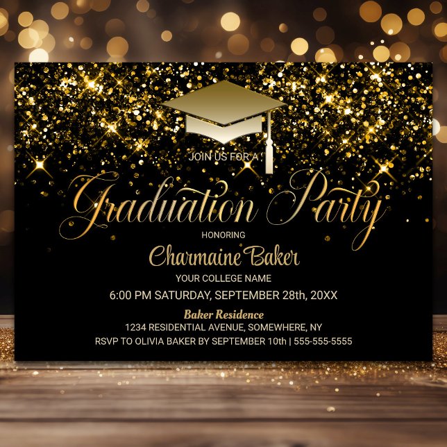 Invitation Fête de remise des diplômes pailletée d'or noir (Créateur téléchargé)