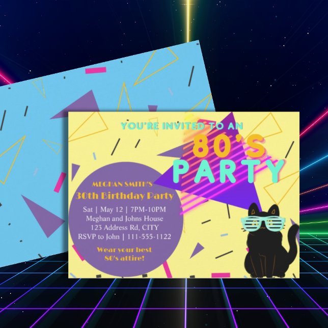 Invitation Fête de retour de chat noir rétro des années 80 (Créateur téléchargé)