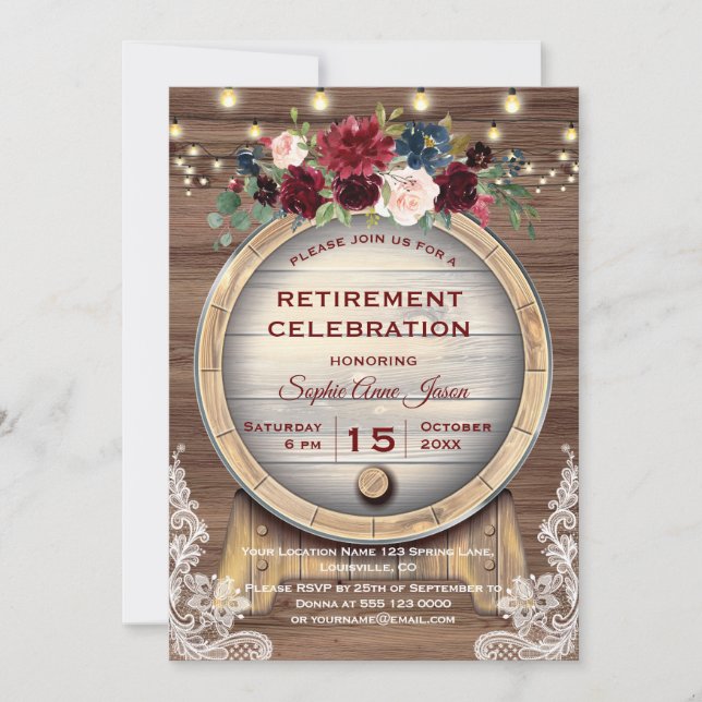 Invitation Fête de retraite au vignoble avec tonneau de vin f (Devant)