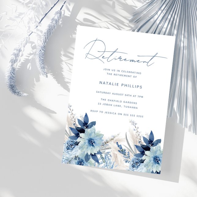 Invitation Fête de retraite aux florales aquarelles bleu pous (Créateur téléchargé)