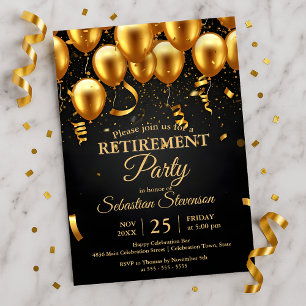 Invitation Fête de retraite avec ballons dorés chic et confet