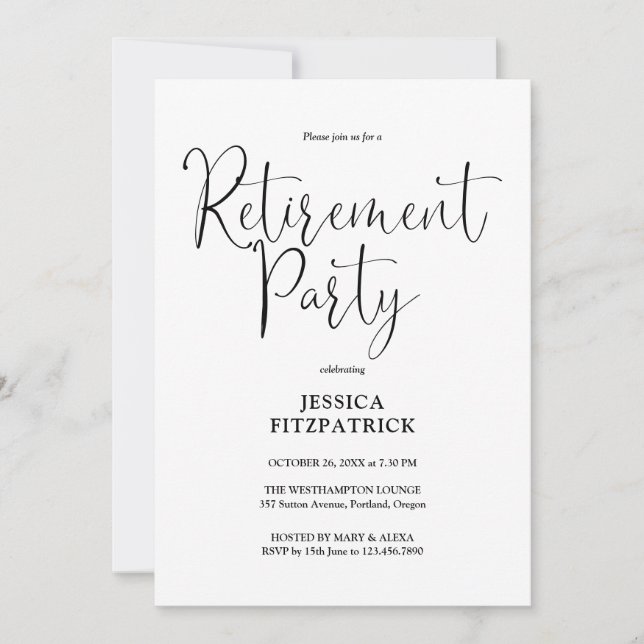 Invitation Fête de retraite avec un script élégant noir et bl (Devant)