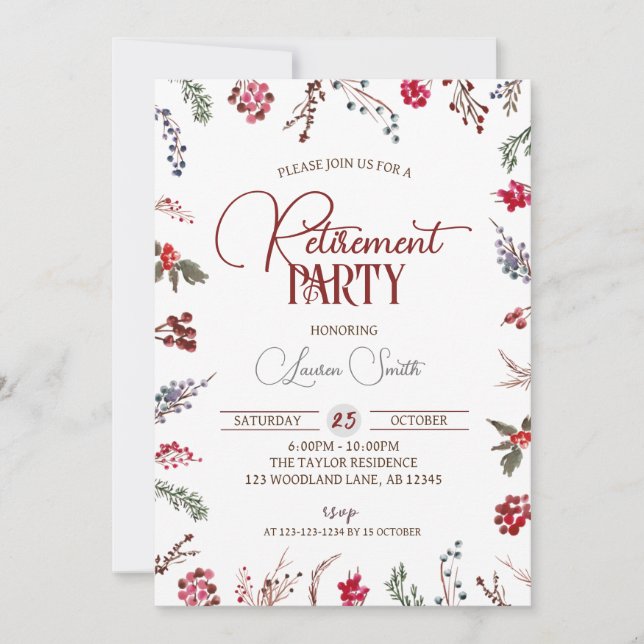 Invitation Fête de retraite Baies d'hiver & Houx (Devant)