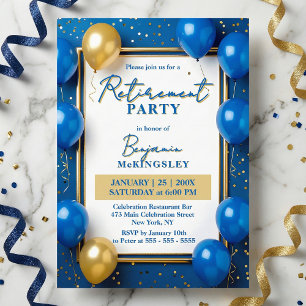 Invitation Fête de retraite Ballons Confettis Bleu Marine Or