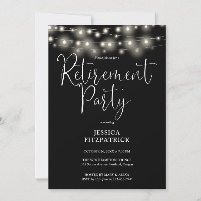 Invitation Fête de retraite Black and White String Lights (Devant)