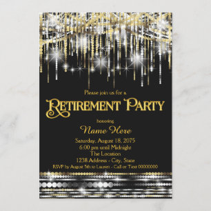 Invitation Fête de retraite Black Gold Glitter Sparkle Lights