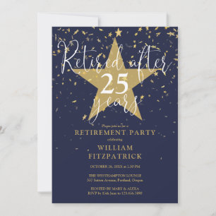 Invitation Fête de retraite bleu marine et étoiles dorées