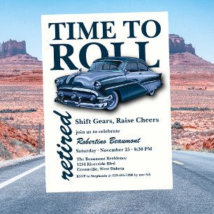 Invitation Fête de retraite Blue Classic Car Time to Roll