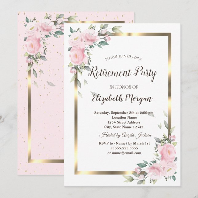 Invitation Fête de retraite cadre doré fleurs (Devant / Derrière)