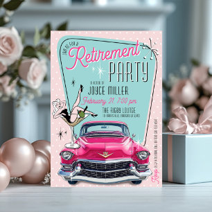 Invitation Fête de retraite de voiture vintage rose glamour d