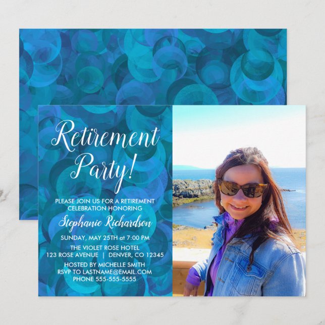 Invitation Fête de retraite élégante avec photo sur fond bleu (Devant / Derrière)