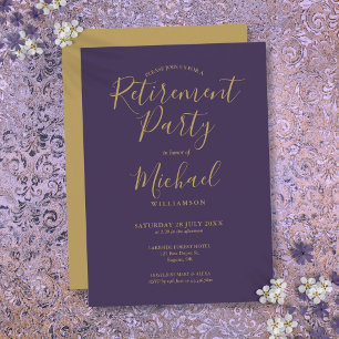 Invitation Fête de retraite élégante violette et or avec écri