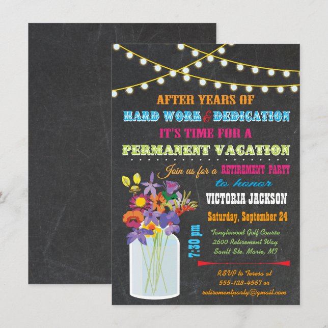 Invitation Fête de retraite en tableau noir avec fleurs de bo (Devant / Derrière)