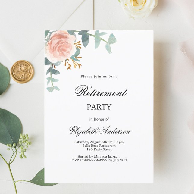 Invitation fête de retraite fleurie d'or rose (Créateur téléchargé)