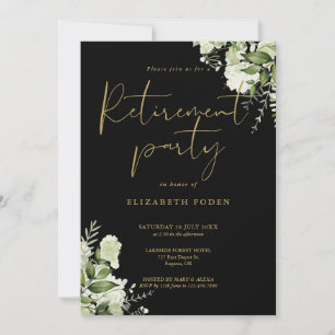 Invitation Fête de retraite fleurs vertes noir et or