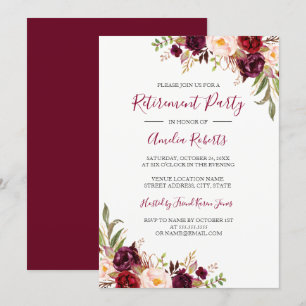 Invitation Fête de retraite florale Bourgogne rouge