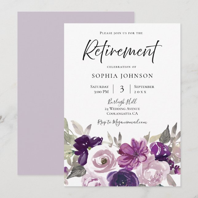 Invitation Fête de retraite florale lavande violette d'hiver (Devant / Derrière)