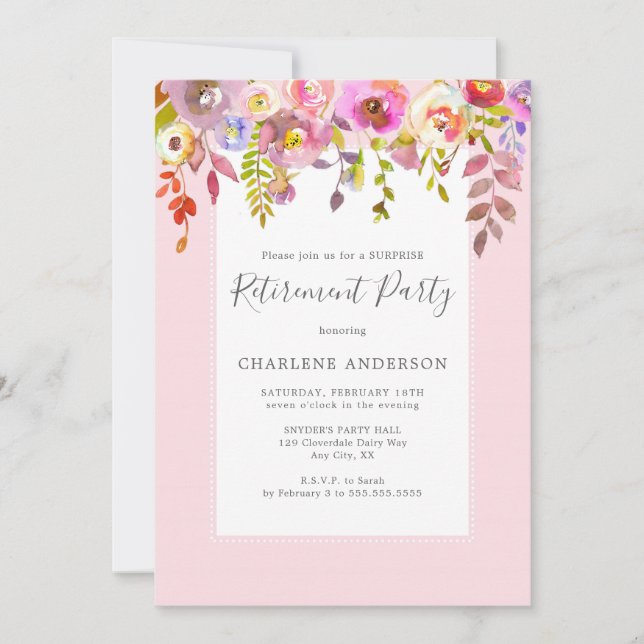 Invitation Fête de retraite florale rose chic (Devant)