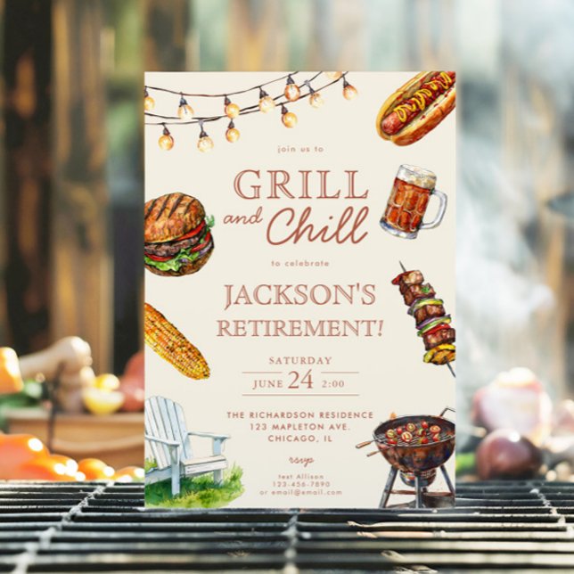 Invitation Fête de retraite Grill and Chill Barbeque BBQ (Créateur téléchargé)