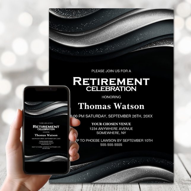 Invitation Fête de retraite noir et argent (Créateur téléchargé)