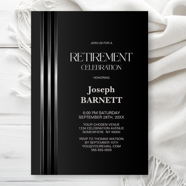 Invitation Fête de retraite Noir Gris rayé d'argent (Créateur téléchargé)