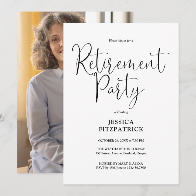 Invitation Fête de retraite photo en noir et blanc (Devant / Derrière)