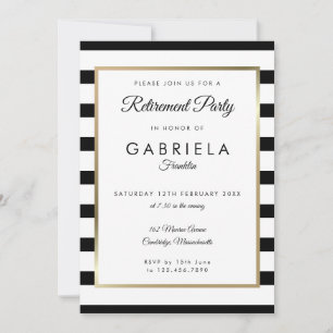 Invitation Fête de retraite Rayure noire et blanche Photo or