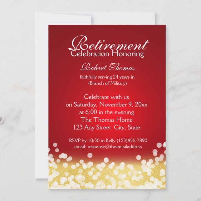 Invitation Fête de retraite Red and Gold Sparkle Lights (Devant)