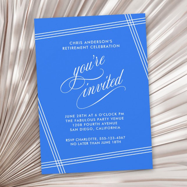 Invitation Fête de Retraite Simple Moderne Bleu de Cobalt (Available as printed and paperless digital download!)