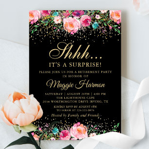 Invitation Fête de retraite surprise Fleurs roses et or noir