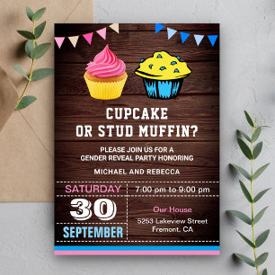 Invitation Fête de révélation de genre Cupcake ou Muffin Stud