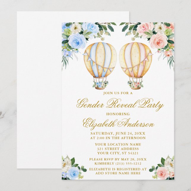 Invitation Fête de révélation de genre Floral Hot Air Ballons (Devant / Derrière)