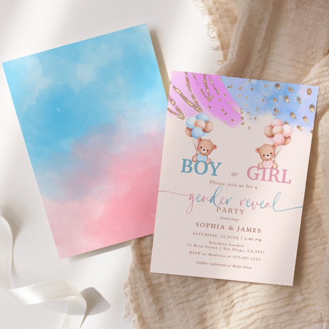 Invitation Fête de révélation de genre garçon ou fille bleu e (Créateur téléchargé)