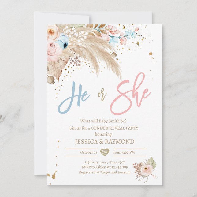 Invitation Fête de révélation de genre Pampas Grass Boho Trop (Devant)
