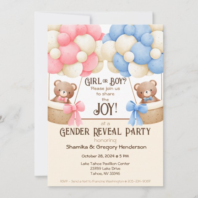Invitation Fête de révélation du genre Ours à ballons rose et (Devant)