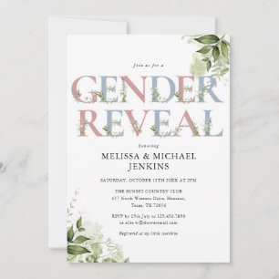 Invitation Fête de Révélation du Sexe de Bébé avec Feuillage