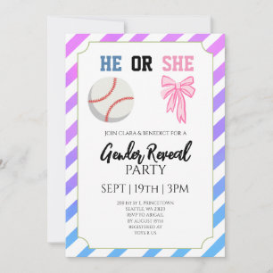 Invitation Fête de Révélation du Sexe de Bébé Baseball Rubans