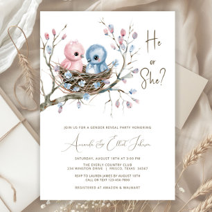 Invitation Fête de Révélation du Sexe de Bébés Oiseaux Mignon