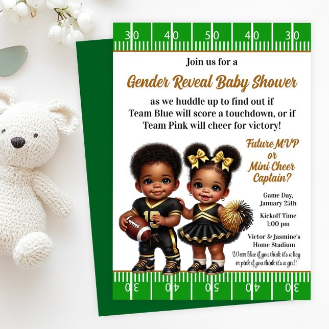 Invitation Fête de révélation du sexe du bébé avec une thème  (Football gender reveal invitations with cute football player & cheerleader. Simply add your details!)