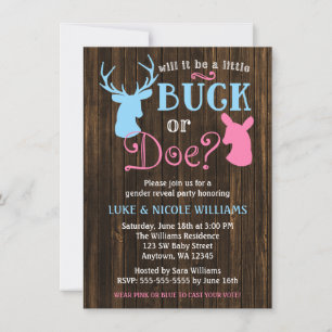 Invitation Fête de Révélation du Sexe du Bébé Buck ou Biche B