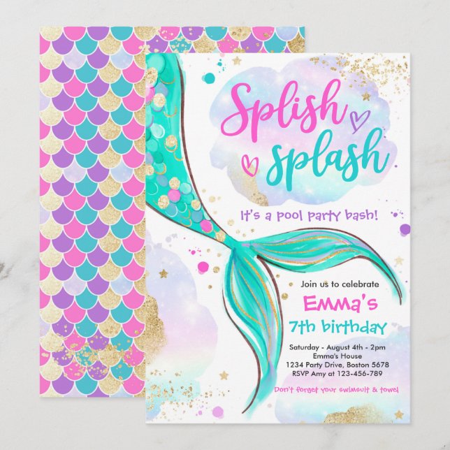 Invitation Fête de sirène de la piscine sirène rose sirène so (Devant / Derrière)