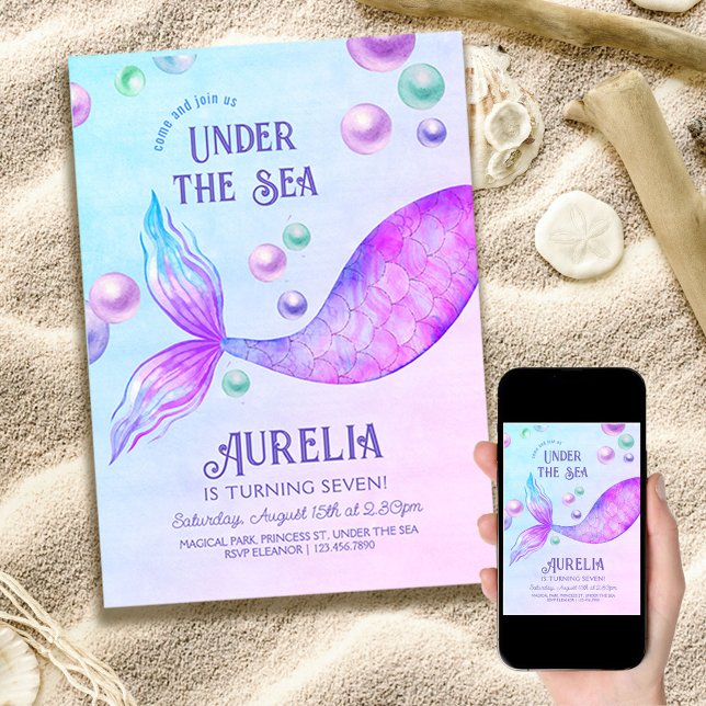 Invitation Fête de sirènes, n'importe quel âge Filles Anniver (Créateur téléchargé)