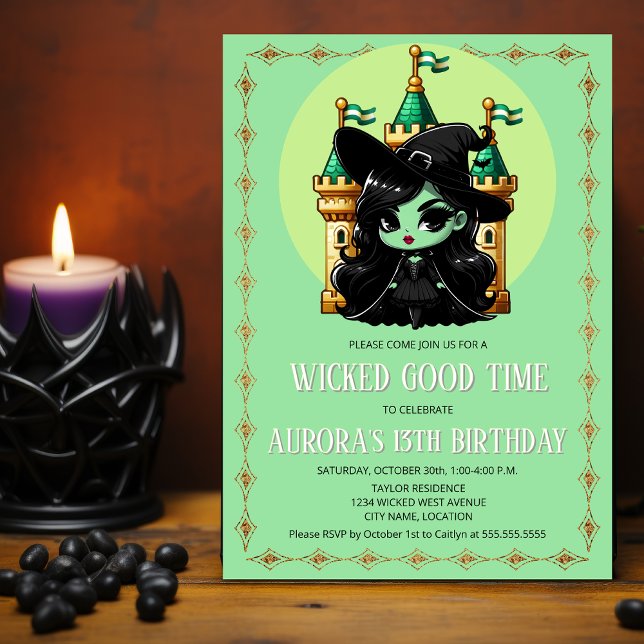 Invitation Fête de Sorcière Méchante Bonne Heure (Adorable little green witch and castle party invitation front view.)