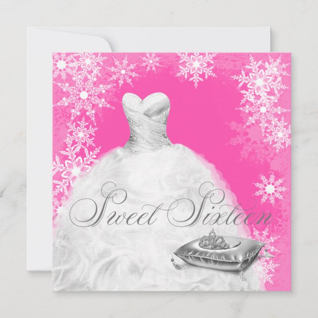 Invitation Fête de Sweet sixteen à flocon rose chaud (Devant)