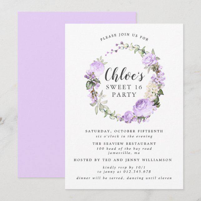 Invitation Fête de Sweet sixteen de couronnes florales blanch (Devant / Derrière)