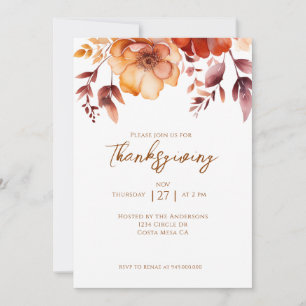 Invitation Fête de Thanksgiving Florale Automnale Élégante