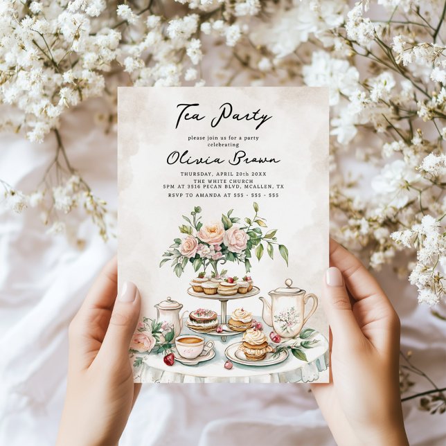 Invitation Fête de thé à l'aquarelle Anniversaire (Créateur téléchargé)